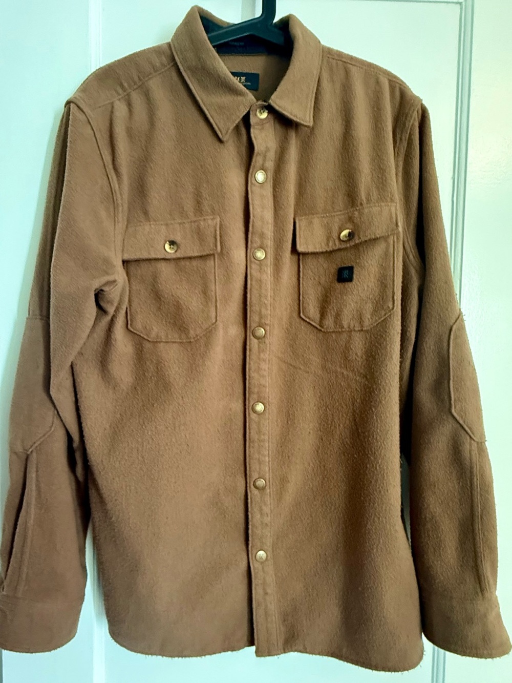 Roark Tan Fleece Jacket with elbow patches, size large